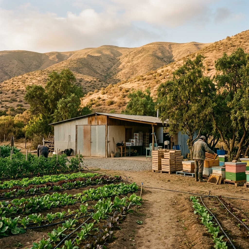 Cooperativa agrícola en un valle chileno semiárido con cultivos y cobertizo de empaque bajo la luz de la tarde