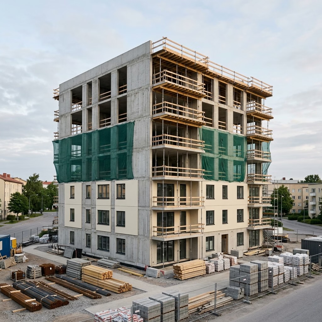 Edificio en construcción con estructura de concreto expuesto y materiales ordenados en primer plano