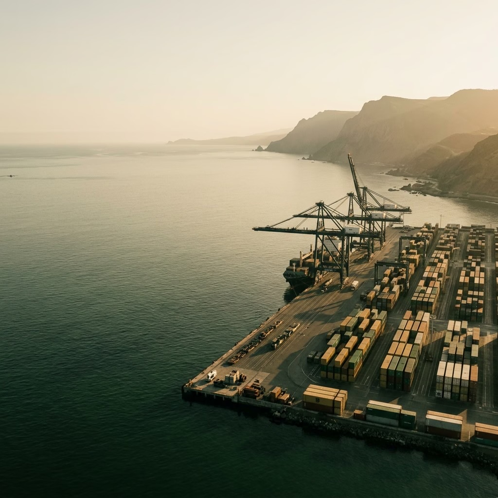 Vista elevada de un terminal portuario industrial al atardecer en la costa chilena, con contenedores y grúas de carga bajo una luz cálida
