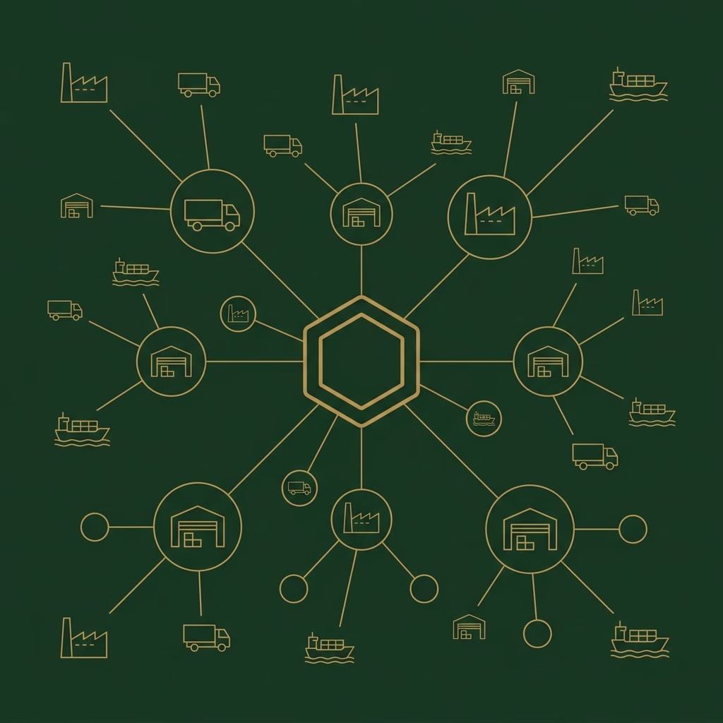 Ilustración de red que conecta nodos industriales, representando la cadena de valor y proveedores en color dorado sobre fondo verde
